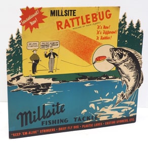 20"x17.5" cardboard stand-up advertisement for Millsite Fishing Tackle "Rattlebug" with great color
