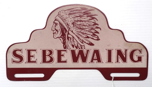 Sebewaing reflective tin license plate topper with Indian graphic