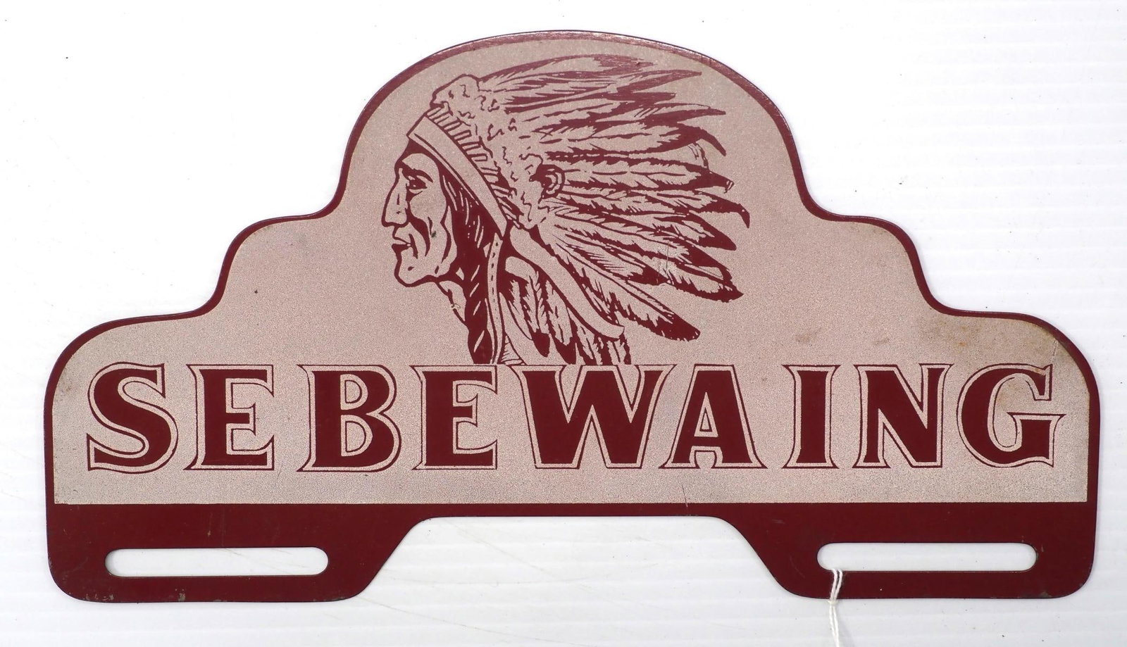 Sebewaing reflective tin license plate topper with Indian graphic (1 of 2)
