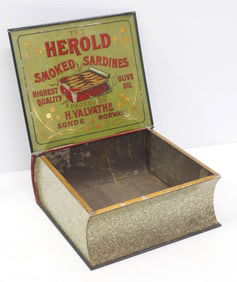 Herold Smoked Sardines tin book-shaped product tin, 10"x10"x4"D