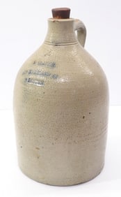 2-gallon crock jug with handle, marked B Clarke, 150 Kneeland St ~Boston
