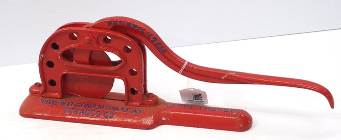 Happy Thought cast iron tobacco cutter by The Wilson & McCalley Tobacco Co., 19"L