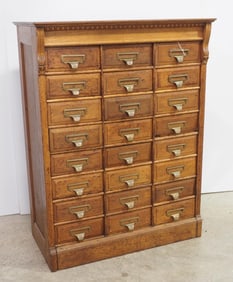 24-drawer wooden card file with brass drawer pulls, 35.5"x18"x47"H