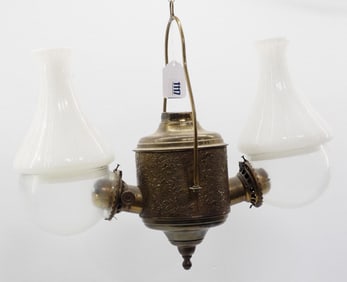 2-burner hanging angle lamp with globes and shades