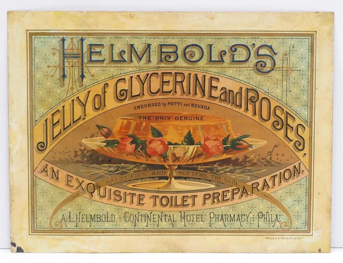 16"x12" SST Helmbold's Jelly of Glycerine and Roses sign marked Wells & Hope Co.: 16"x12" SST Helmbold's Jelly of Glycerine and Roses sign marked Wells & Hope Co. - Very Good