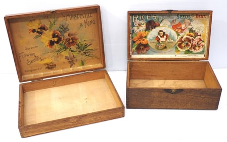 (2) Wooden flower seed boxes with advertising: Mandeville & King / Rice's