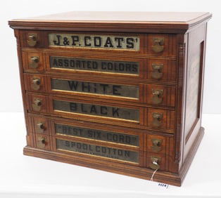 J&P Coats Spool Cotton cabinet with 5 dovetailed drawers with metal fronts, great graphics,