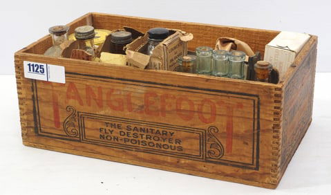 Tanglefoot wooden dovetailed box with assorted country store product livestock remedy containers