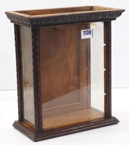 Very small wood & glass country store display cabinet with beautiful details and swinging back door,