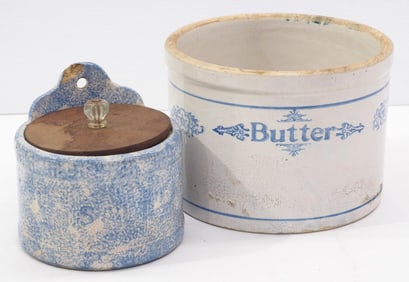 (2) Butter crocks with blue, large is 9"dia. x 6"H