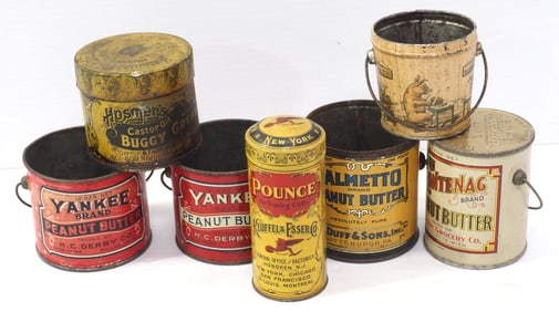 (7) Small country store product tins advertising Buggy Grease, Peanut Butter and Powder