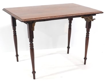 Salesman sample wooden folding table with metal cut-out braces marked EPT Co., 12"x19"x13"H
