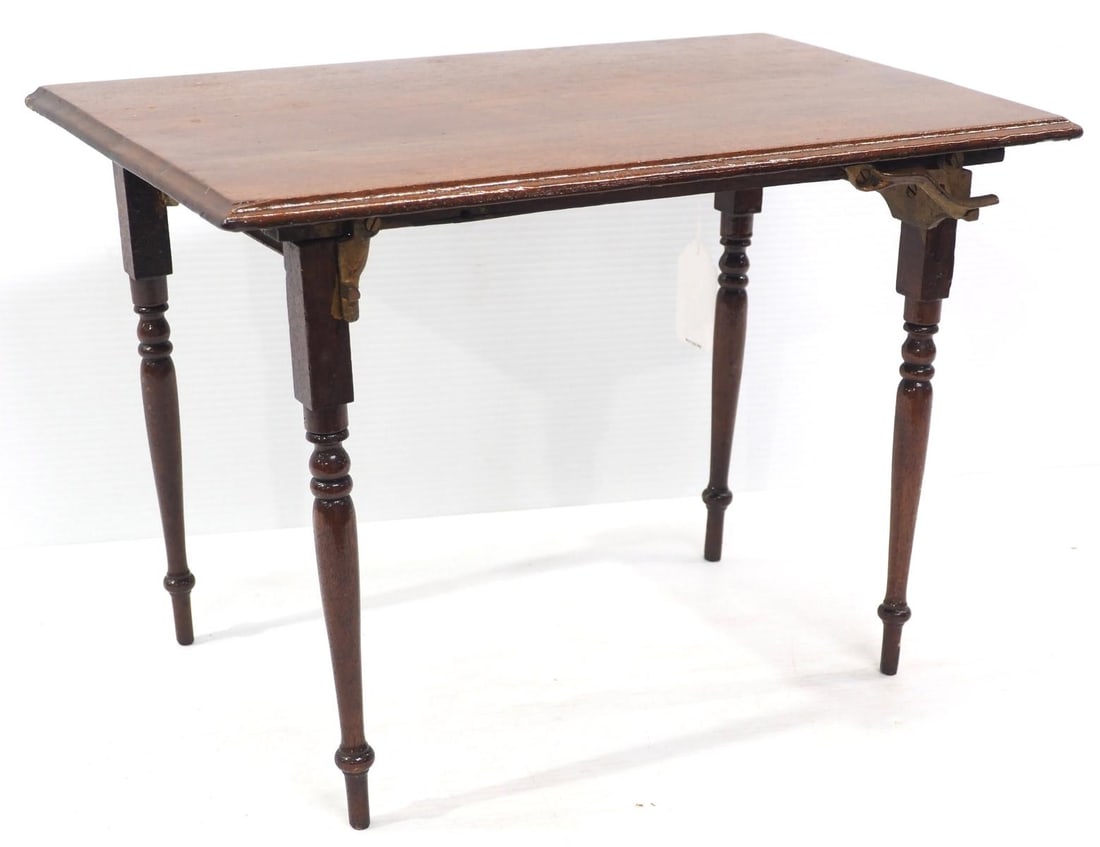 Salesman sample wooden folding table with metal cut-out braces marked EPT Co., 12"x19"x13"H (1 of 4)