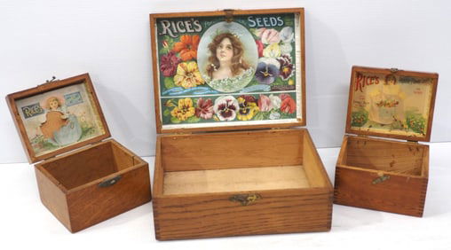 (3) Rice's wooden flower seed boxes with advertising