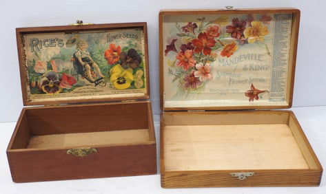 (2) Wooden flower seed boxes with advertising: Mandeville & King / Rice's