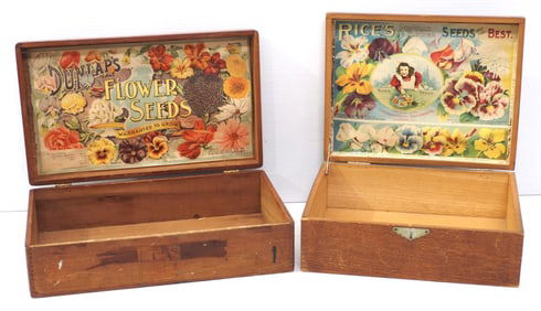 (2) Wooden flower seed boxes with advertising: Dunlap / Rice's
