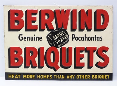 19"x13" SST embossed Berwind Barrel-Shaped Briquets sign
