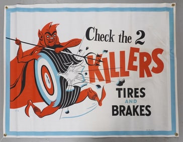 NOS 48"x36" Check the 2 Killers, Tires and Brakes canvas banner