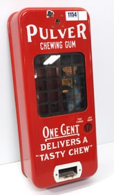 Pulver metal wall-mount one-cent chewing gum dispenser, 8.5"W x 20"H