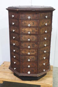 72-drawer wooden revolving country store bolt bin with porcelain knobs