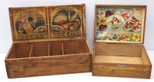 (2) Wooden flower seed boxes with advertising: Select Seeds / Rice's