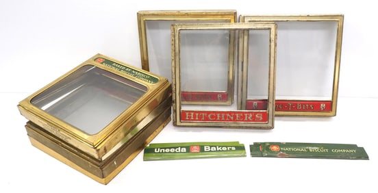 (7) Glass & brass-plated 10"x10" box tops for National Biscuit Company, Dane-T-Bits, Hitchners, H.W.