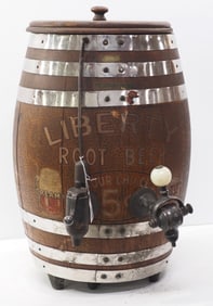 Liberty Root Beer barrel with wooden lid and spigots, great graphics! 16"dia. x 26"H
