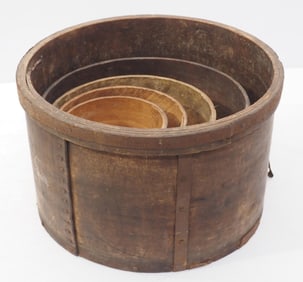 Set of 5 early wooden grain measures, 2 marked "Frye"