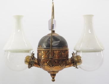 2-burner hanging angle lamp with globes and shades