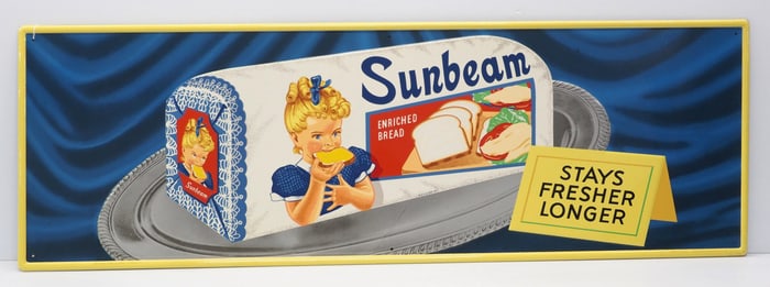 54"x18" SST self-framed, embossed Sunbeam Bread blue background sign by A-M Sign Co. 11-56