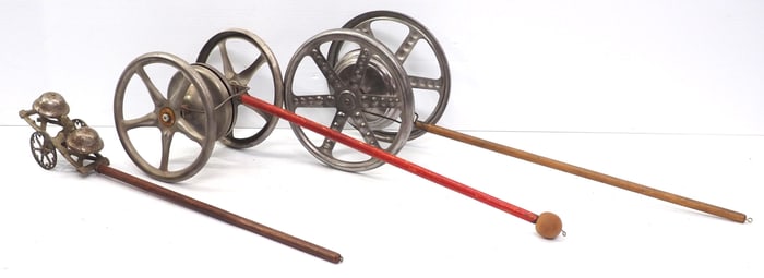 (3) Child's push-type noise-maker toys, 1 marked The Gong Bell Mfg. Co.,