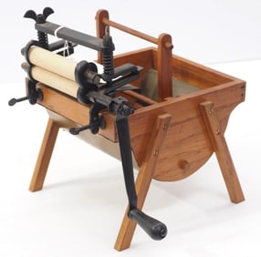 Salesman sample wooden wash machine with cast iron wringer, 8"x8"x10"H