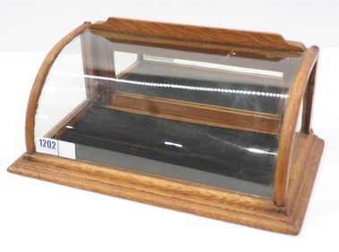 Small wood & curved glass countertop display cabinet with mirror back, 9.5"x17"x7.5"H