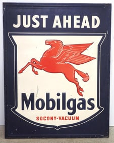 46"x48" SST self-framed Mobilgas Just Ahead sign with Pegasus graphic