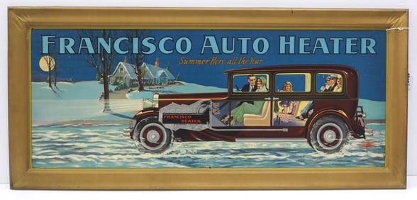 40"x18" SST self-framed Francisco Auto Heater sign with great automobile graphics!