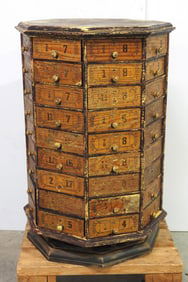 72-drawer wooden revolving country store bolt bin with wooden knobs