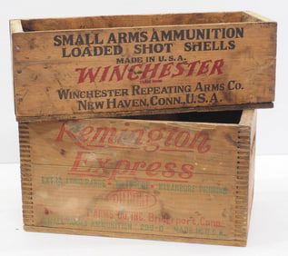 (2) Wooden, dovetailed product boxes with original stenciling, Remington & Winchester