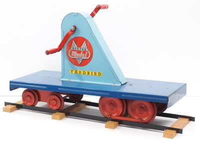 Doepke Yardbird pressed steel child's ride-on car with labels and short piece of track, Original!