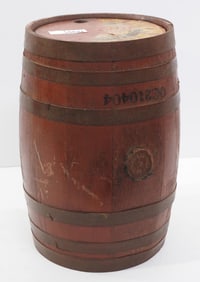 Coca Cola 5-gallon wooden syrup barrel with partial paper label on one end, 12"dia. x 17"H