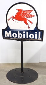 36"x32" DSP Mobiloil sign in cast iron stand with base marked Socony Vacuum Oil Company, overall