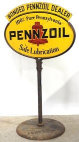 32"x22" DST Pennzoil Safe Lubrication sign in cast iron stand with base marked Property of Pennzoil,
