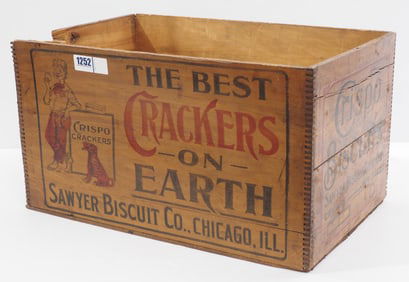 Crispo Crackers wooden dovetailed box with great stenciling and graphics for Sawyer Biscuit Co.,