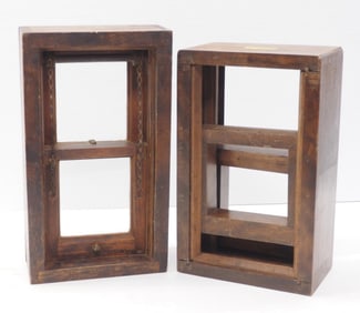 (2) Salesman sample wooden double-hung window sashes, one marked Dennis Weather Strip Saves Fuel,