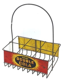 Double Cola 6-bottle wire carrier with metal signs on 2 sides