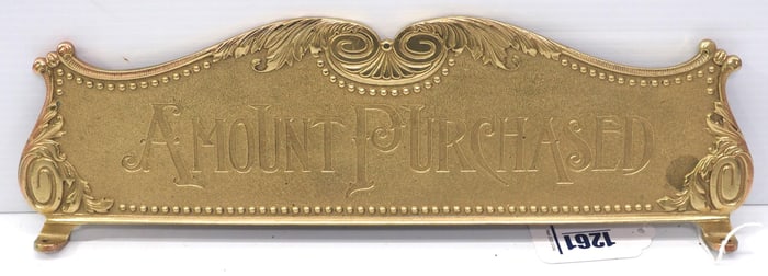 "Amount Purchased" brass cash register sign top, 16"x4.5"H
