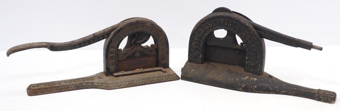 (2) Cast iron tobacco cutters: Piper Heidsieck Tobacco -missing part of handle / Red Moon Tobacco