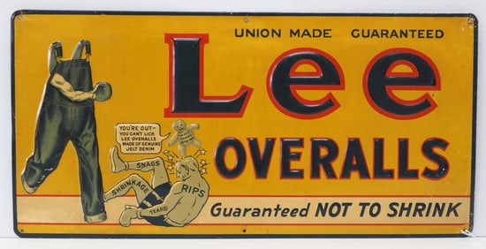 23.5"x11.5" SST embossed Lee Overalls sign with excellent boxing graphics! WOW!