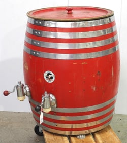 Coca Cola drink dispenser barrel with 3 metal feet, original sign and spouts for Hires Root Beer and