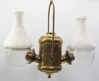 2-burner hanging angle lamp with globes and shades