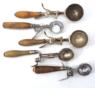 (5) Early ice cream scoops with wood handles: Indestructo No.4 / Hamilton Beach / Dover #12 /